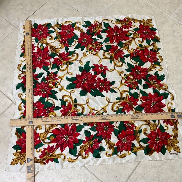 VTg. BILL BLASS Silk Scarf Christmas Poinsettia Holiday red gold about 33-34"Sq. - Picture 3 of 8